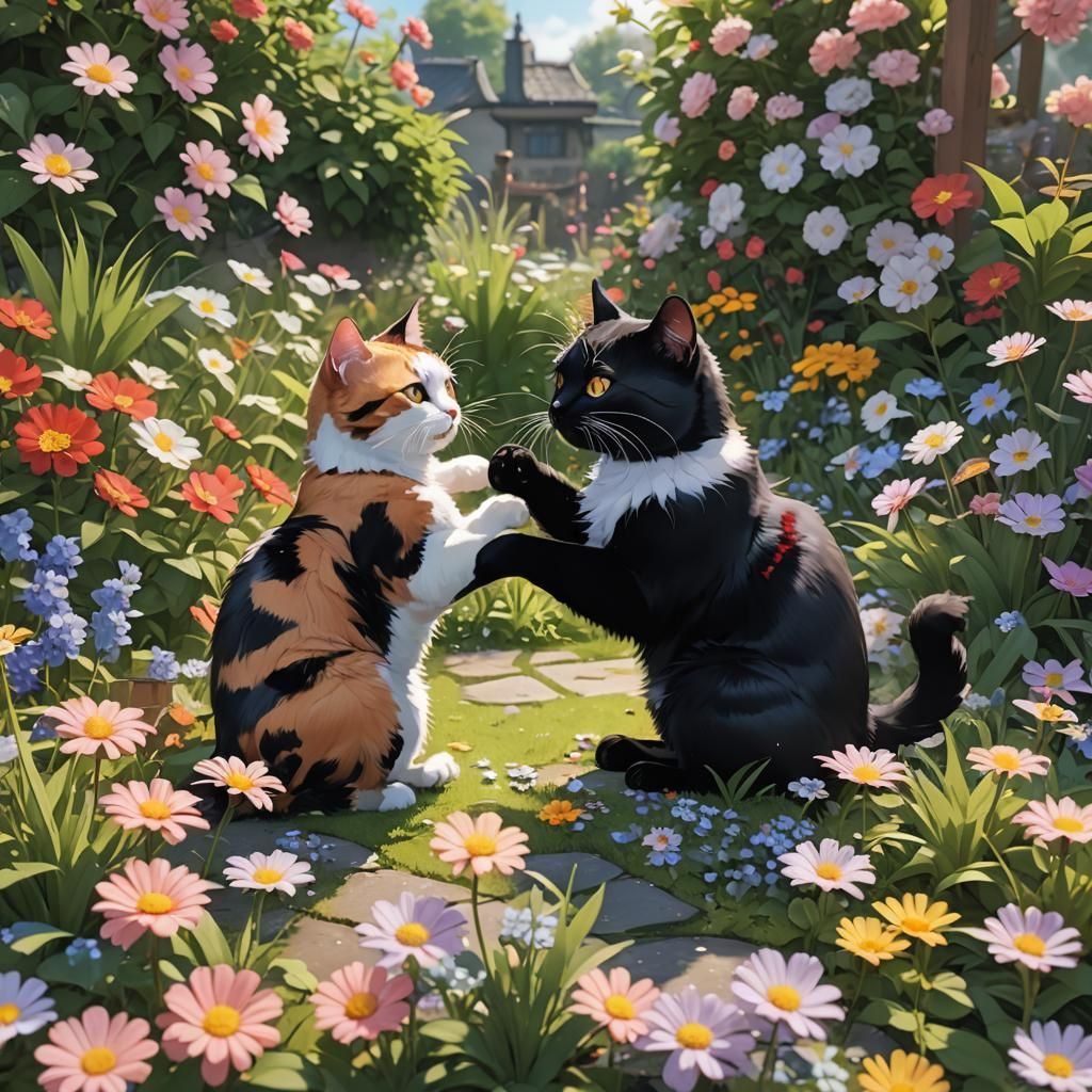 Cats Playfully Wrestle in Flower Garden: Anime Art