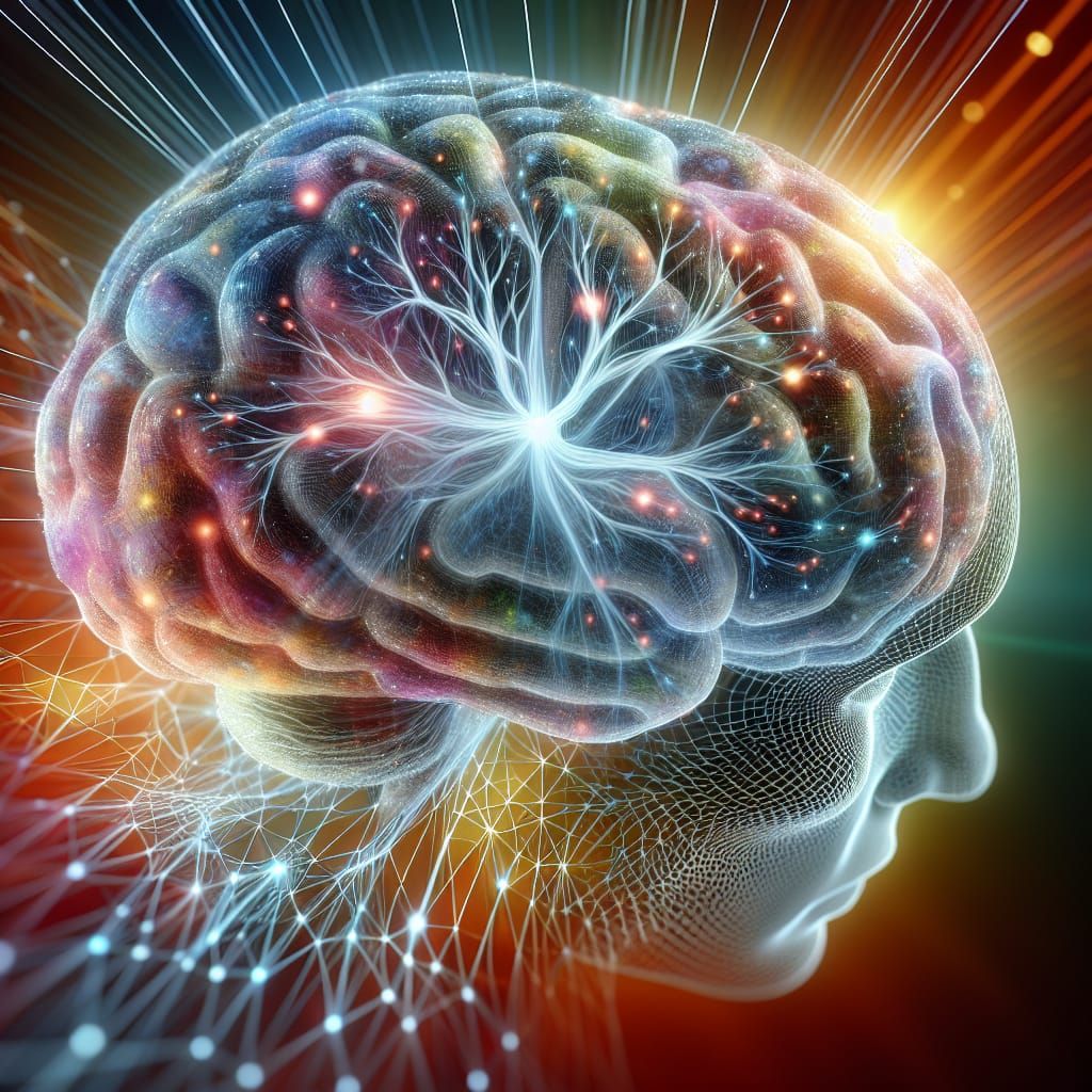 Human Brain Overlaid with Neural Network, Hyperrealistic Art