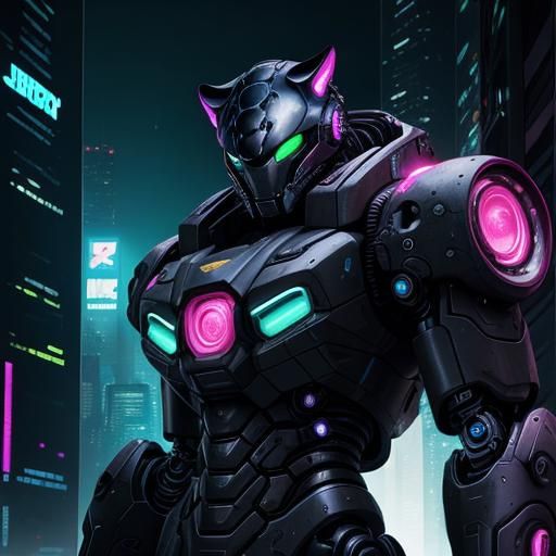 Jaguar, mechanical, cyberpunk, battle suit, black, neon ligh...