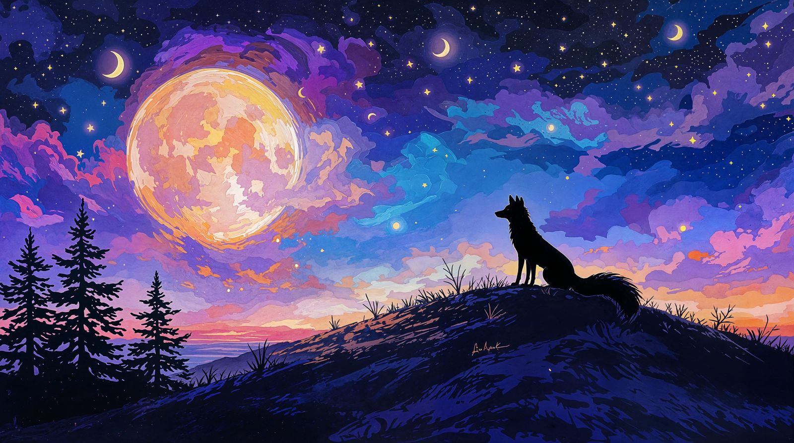 Whimsical Moonlit Fox in Impressionistic Style