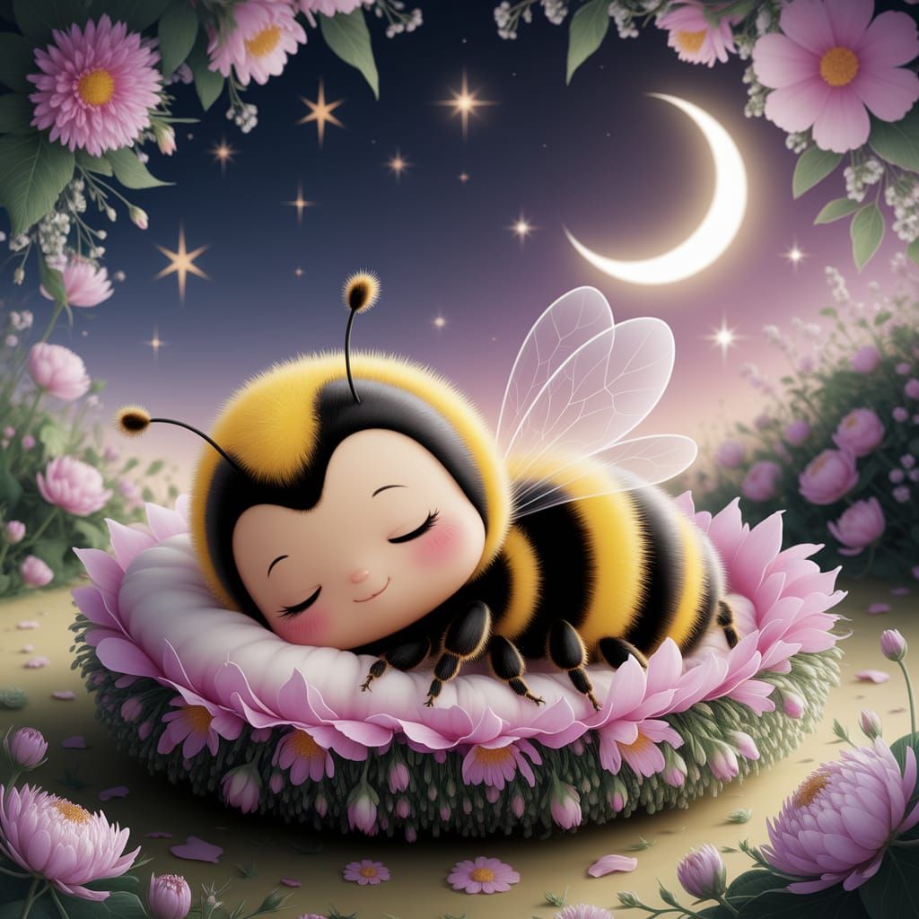 Kawaii Chibi Bumblebee Asleep in Flower Bed