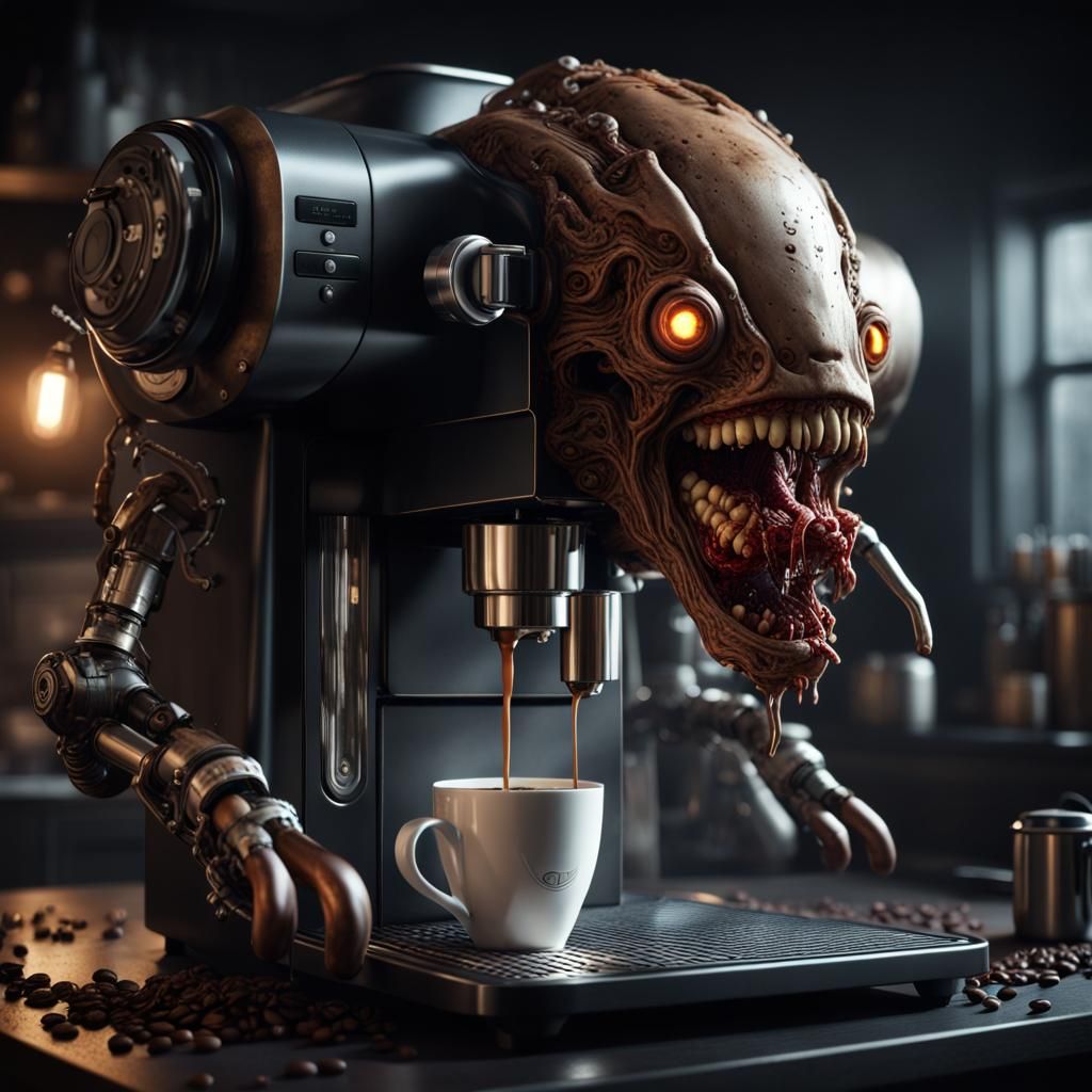 Horror Coffee Machine Mech in Dark Kitchen