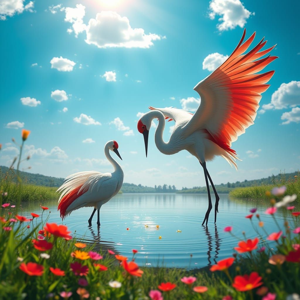 Sarus Cranes in a Serene Lake Scene