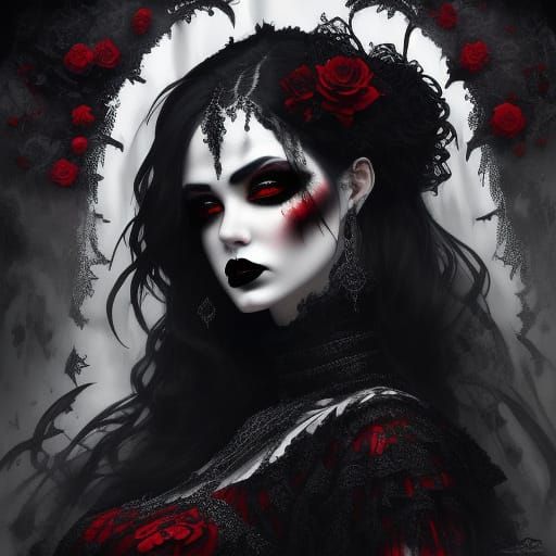 Goth Woman in Wire Dress with Dramatic Red Makeup