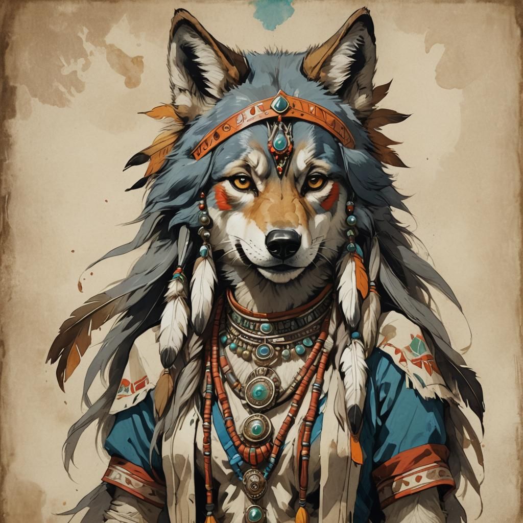 Anime Wolf Woman in Native American Dress