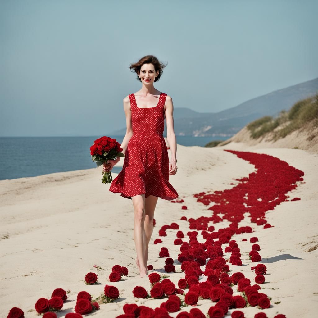 Woman in Red Dress with Roses on Beach