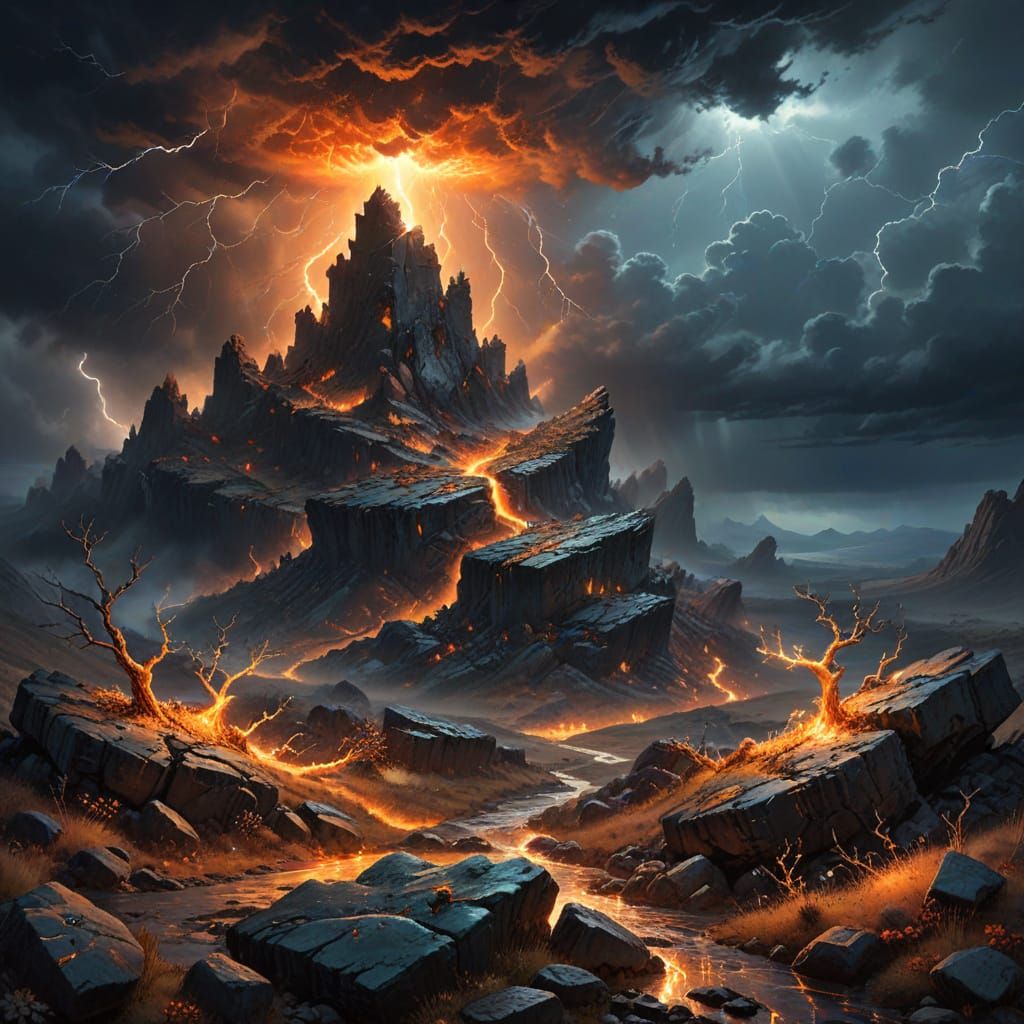 Epic Stormy Landscape with Radiant Sun and Glowing Fungi