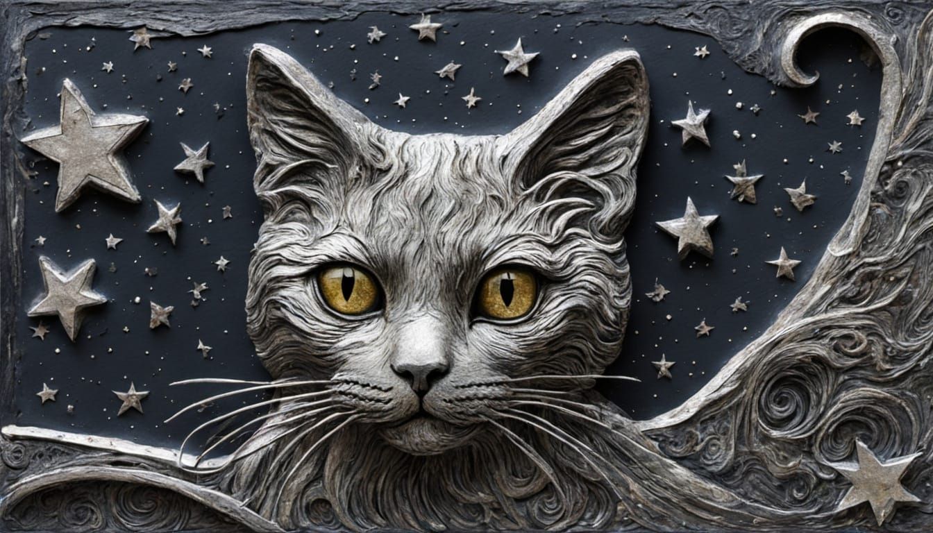 Starry Lurking Cat in Mixed Media Style