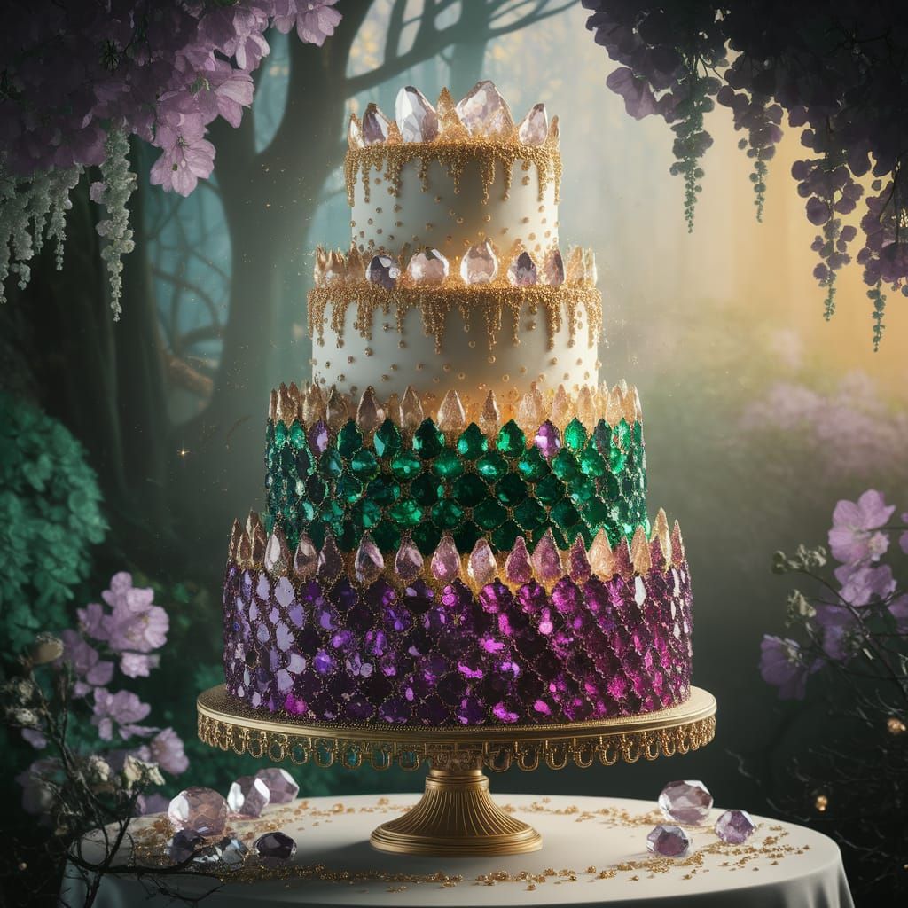 Gemstone Cake in Enchanted Forest, Digital Art
