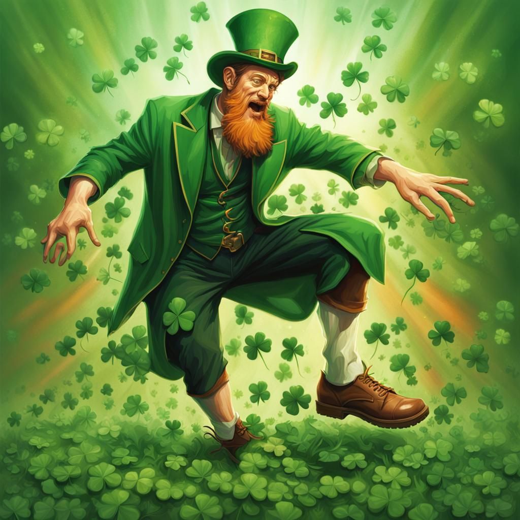 Saint Patrick stomping on 4 leaf clovers