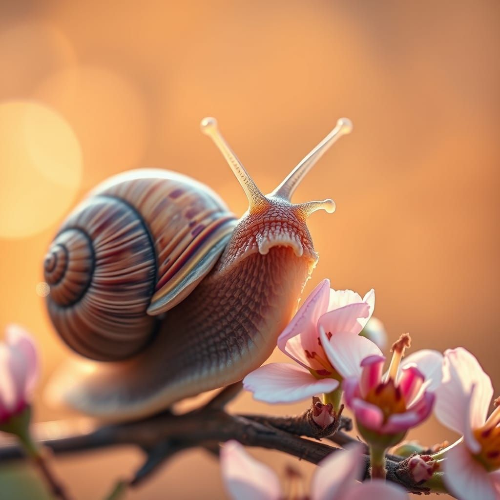 Snail Amidst Blooming Botanicals in Golden Light