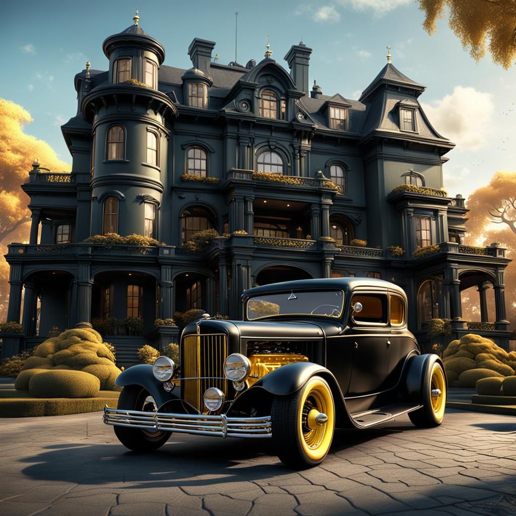 Hot Rod at Mansion: Detailed Matte Painting
