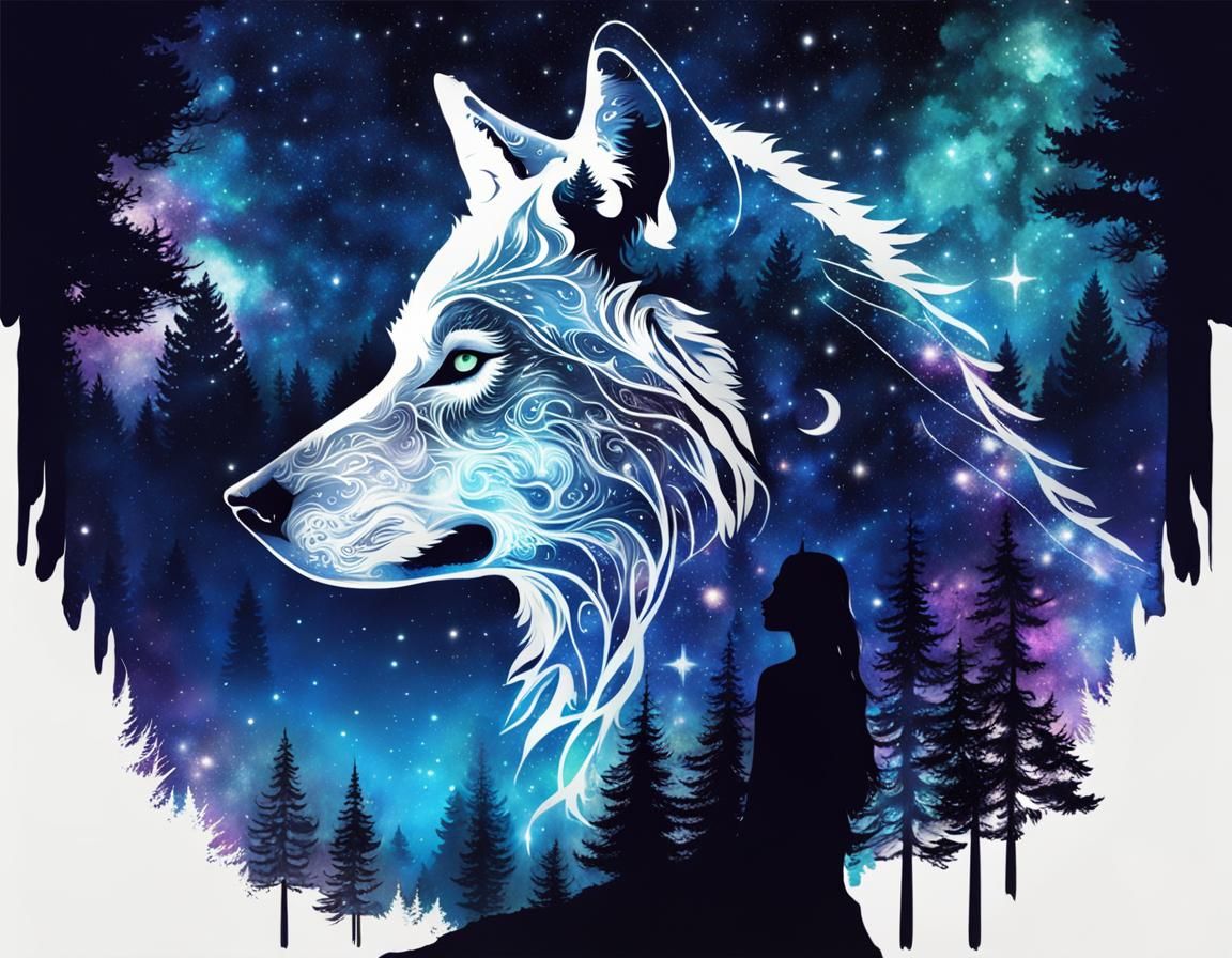 Fantasy Galaxy Silhouette: Girl and Wolf in Fractal Art