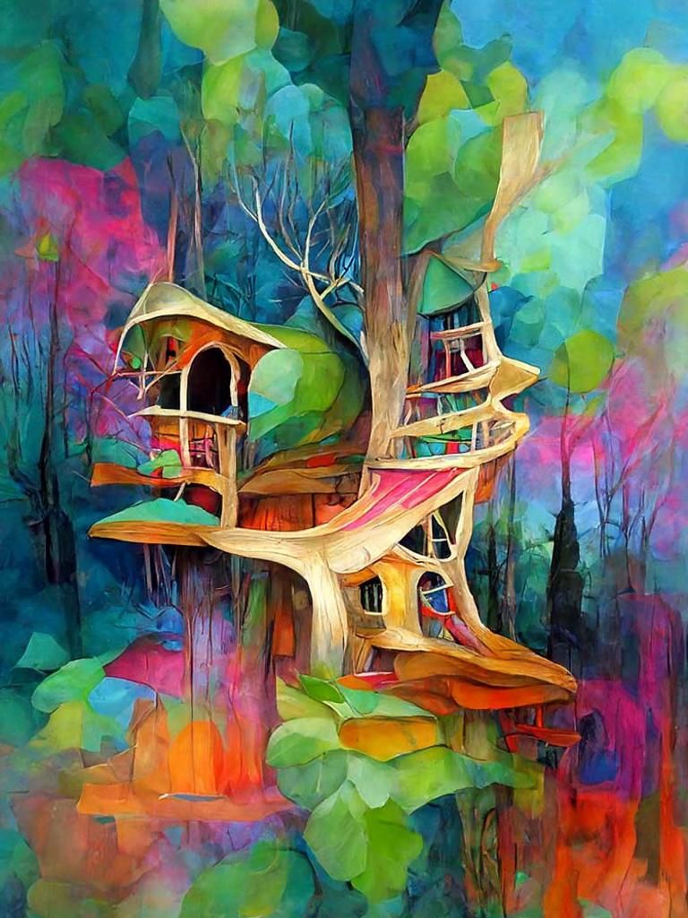 Enchanted Forest Treehouse: Colorful Geometric Illustration
