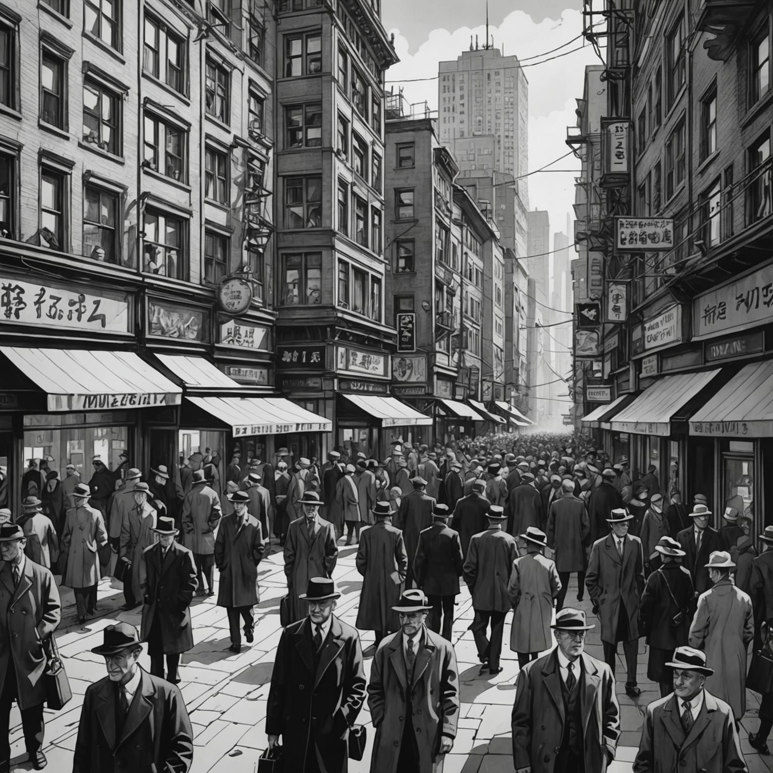 Metropolis People in George Grosz Style Ink Drawing