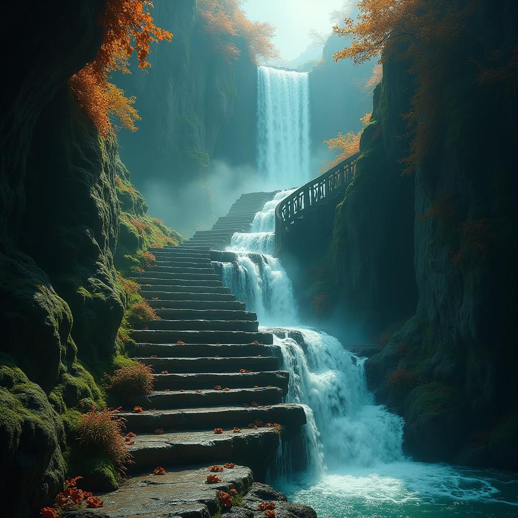Cascading Waterfall on Ancient Staircase in Fantasy Style