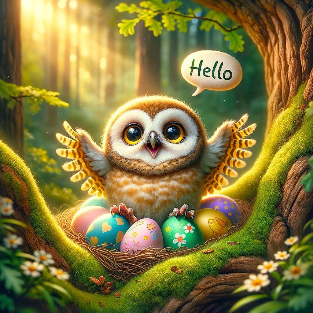 Friendly Owl Greets the Dawn in Forest Nest