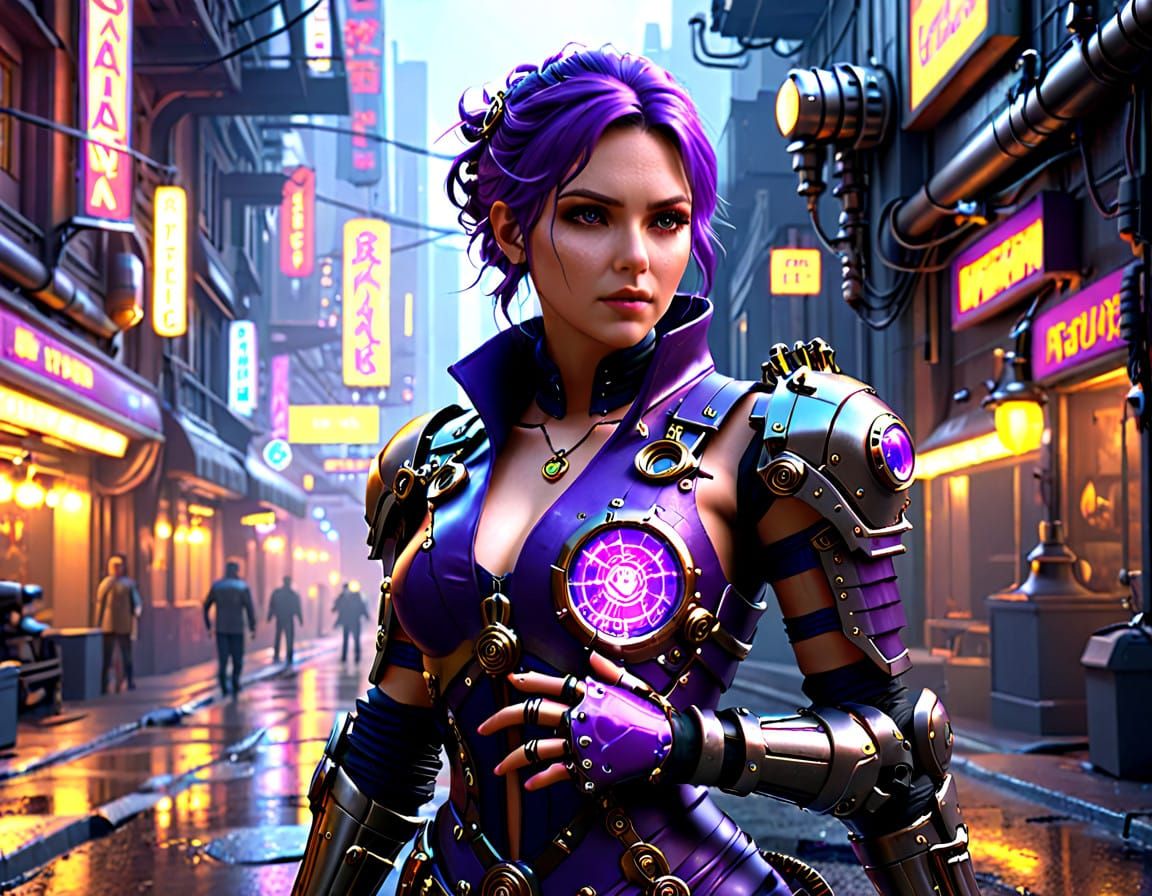 Cyberpunk Steampunk Scientist in Dystopian Cityscape