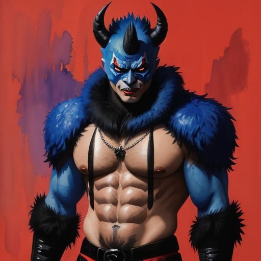 Blue Demon with Red Fangs in Gouache Style