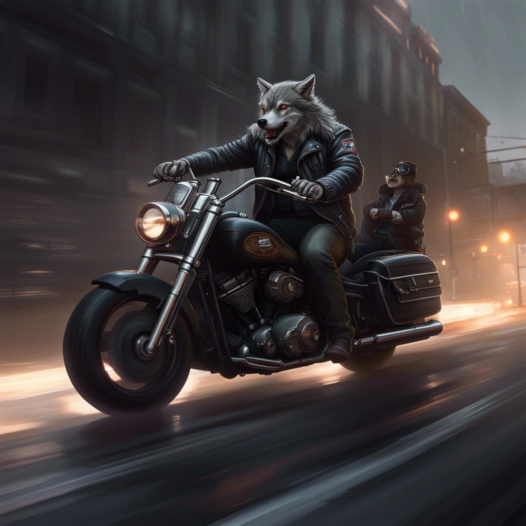 Wolf Rider on Harley in Dark Fantasy Style