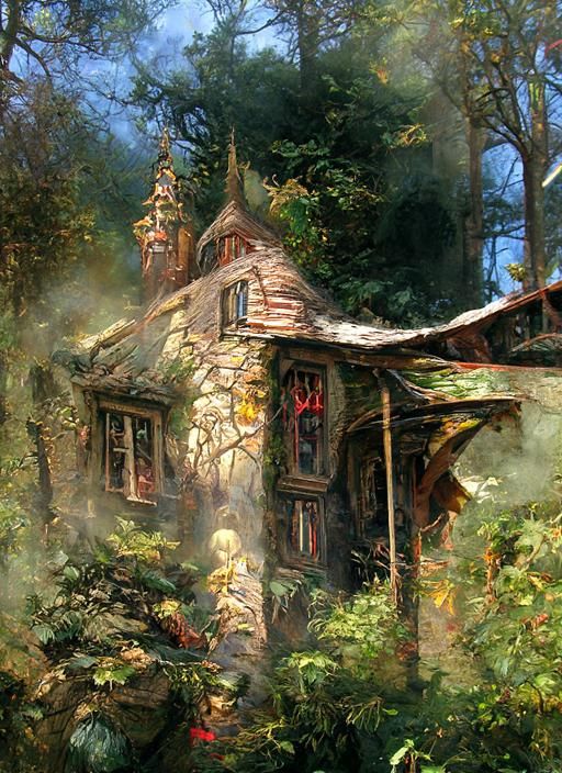 Elven Cottage in Forest: Steampunk Fantasy Scene