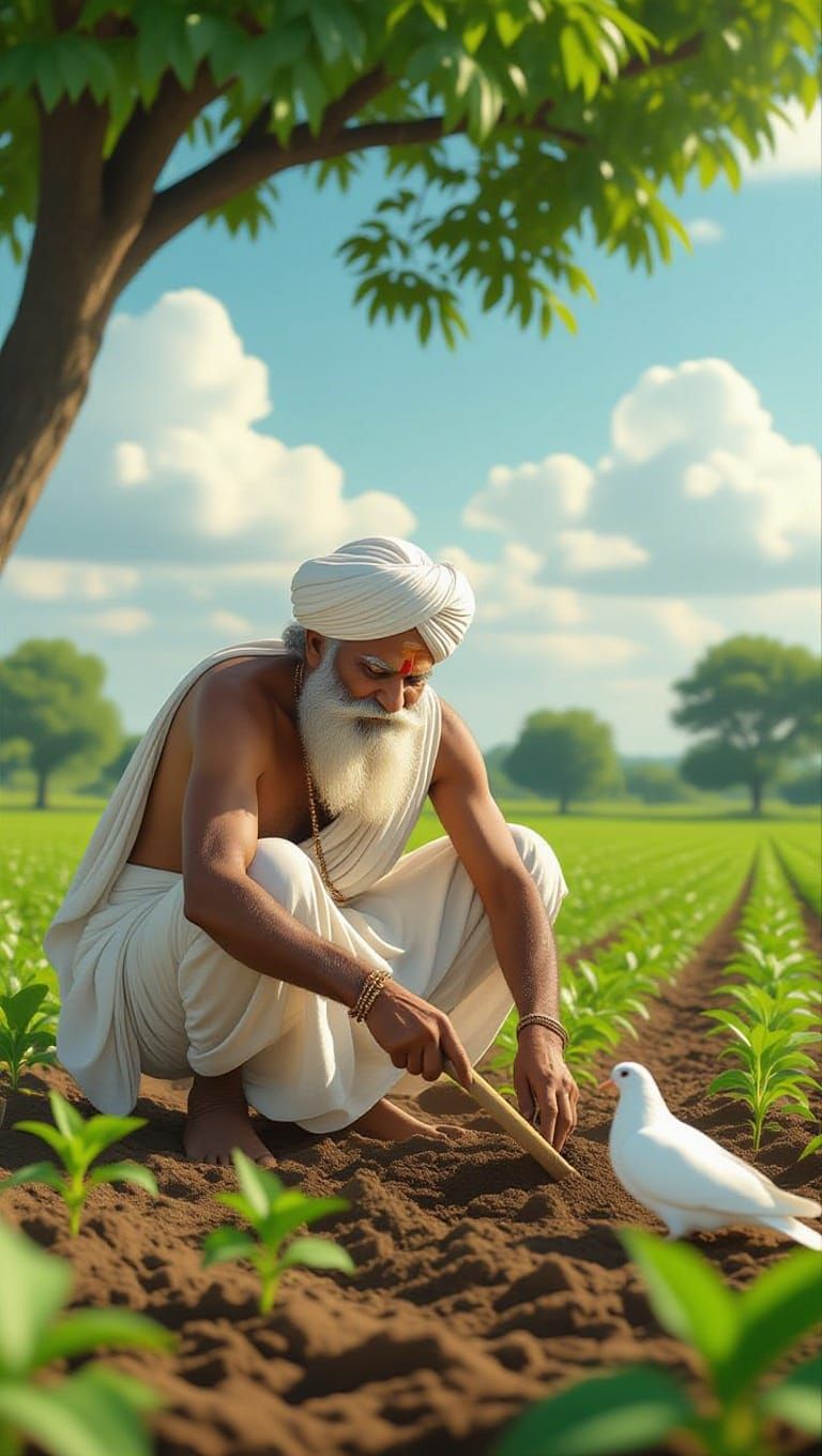 Elderly Indian Farmer in Peaceful Rural Landscape