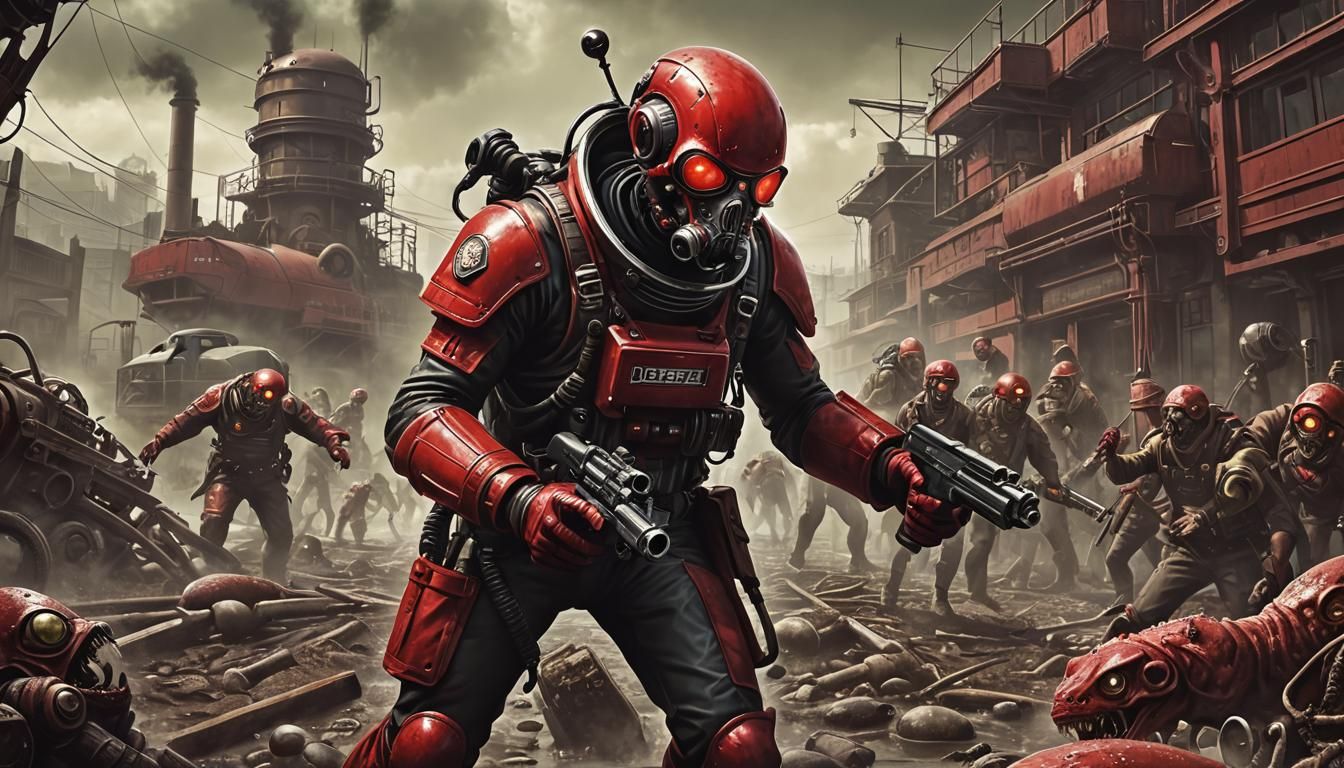 Dieselpunk Alien Trout Plays Guitar in Sepia