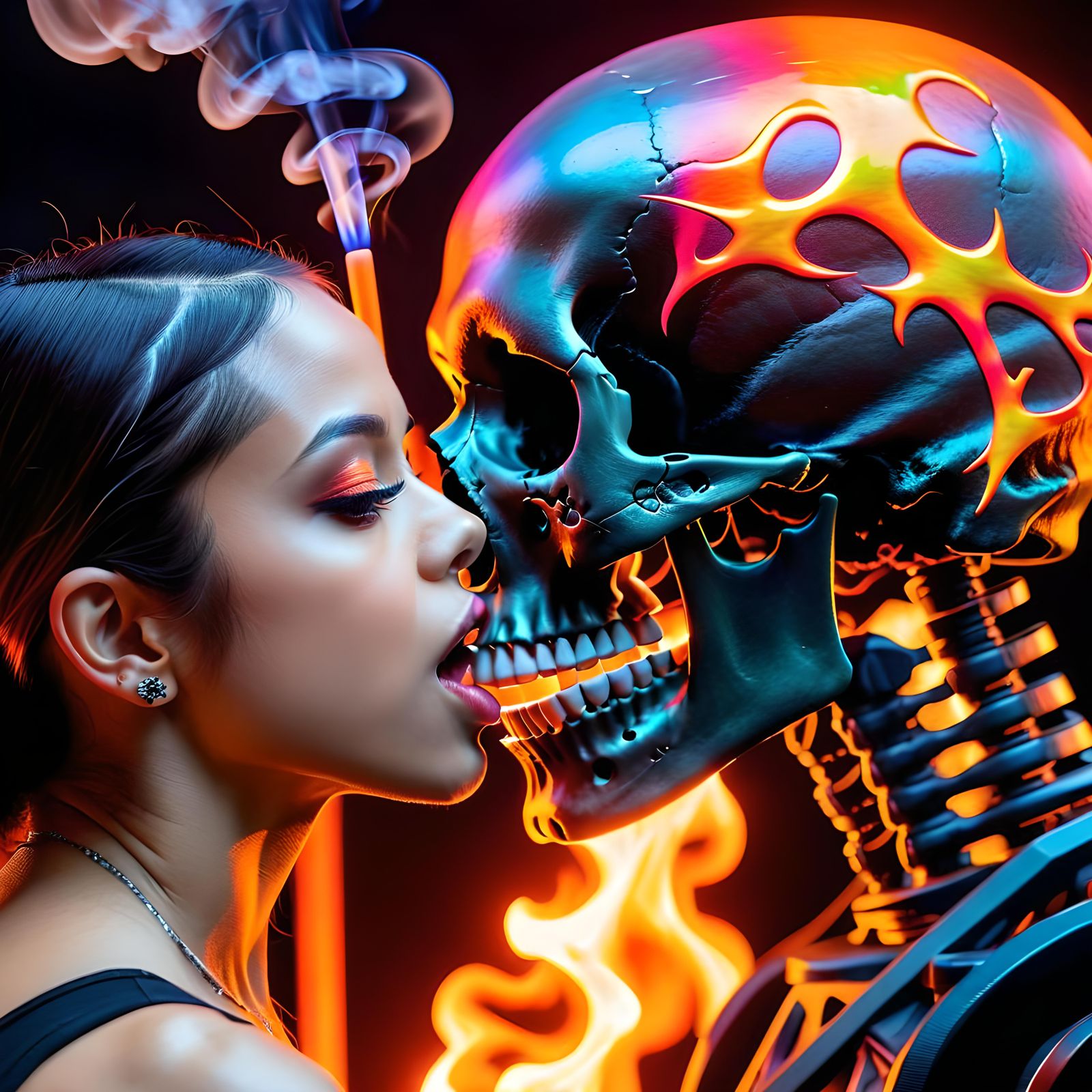 Jenna Ortega Kissing Skull in Hyperrealistic Gothic Style