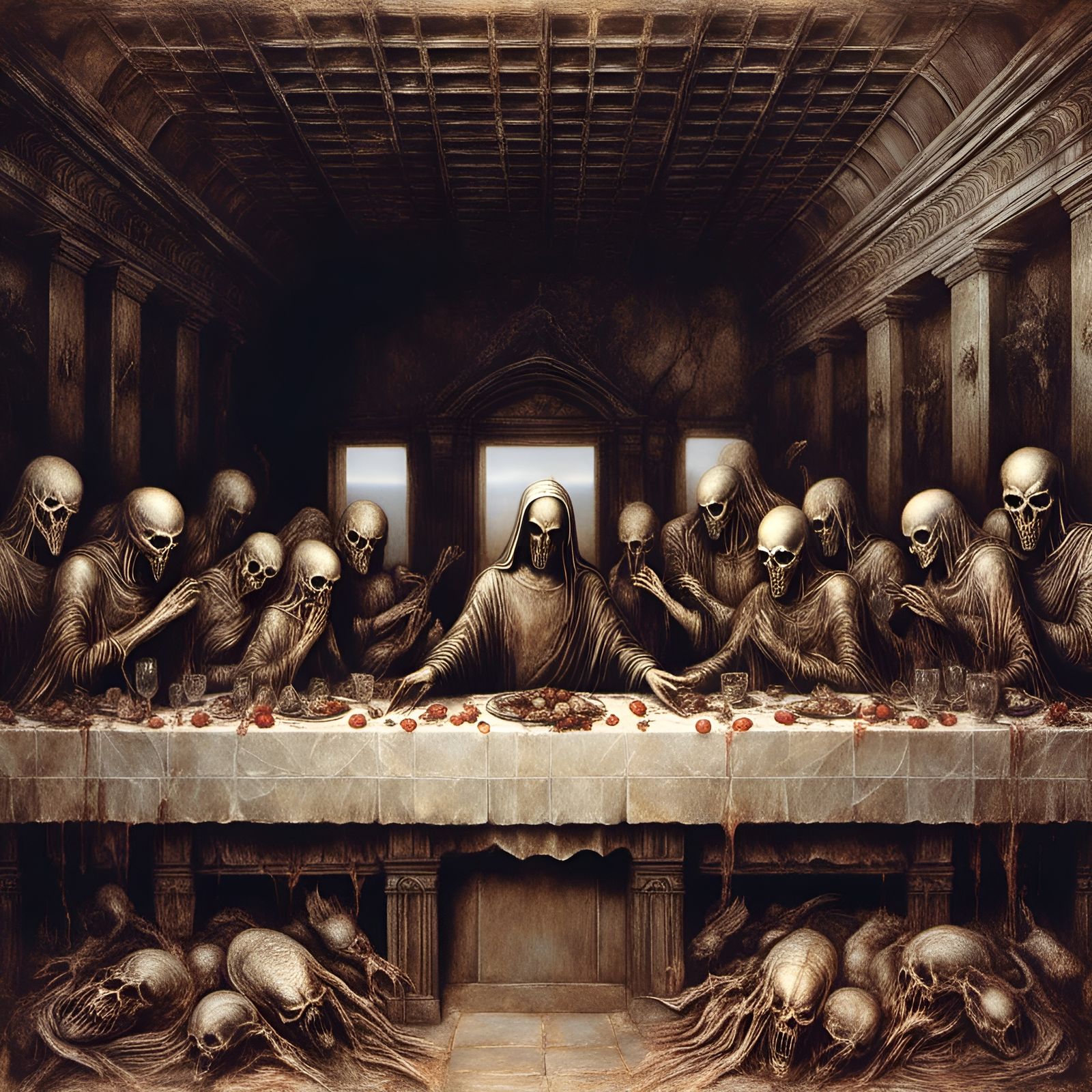 Macabre Last Supper in Biomechanical Horror Style