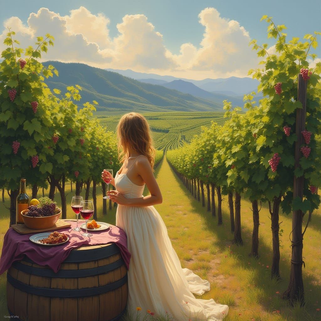 Elegant Vineyard Scene with Wine Tasting in Serene Mountain ...