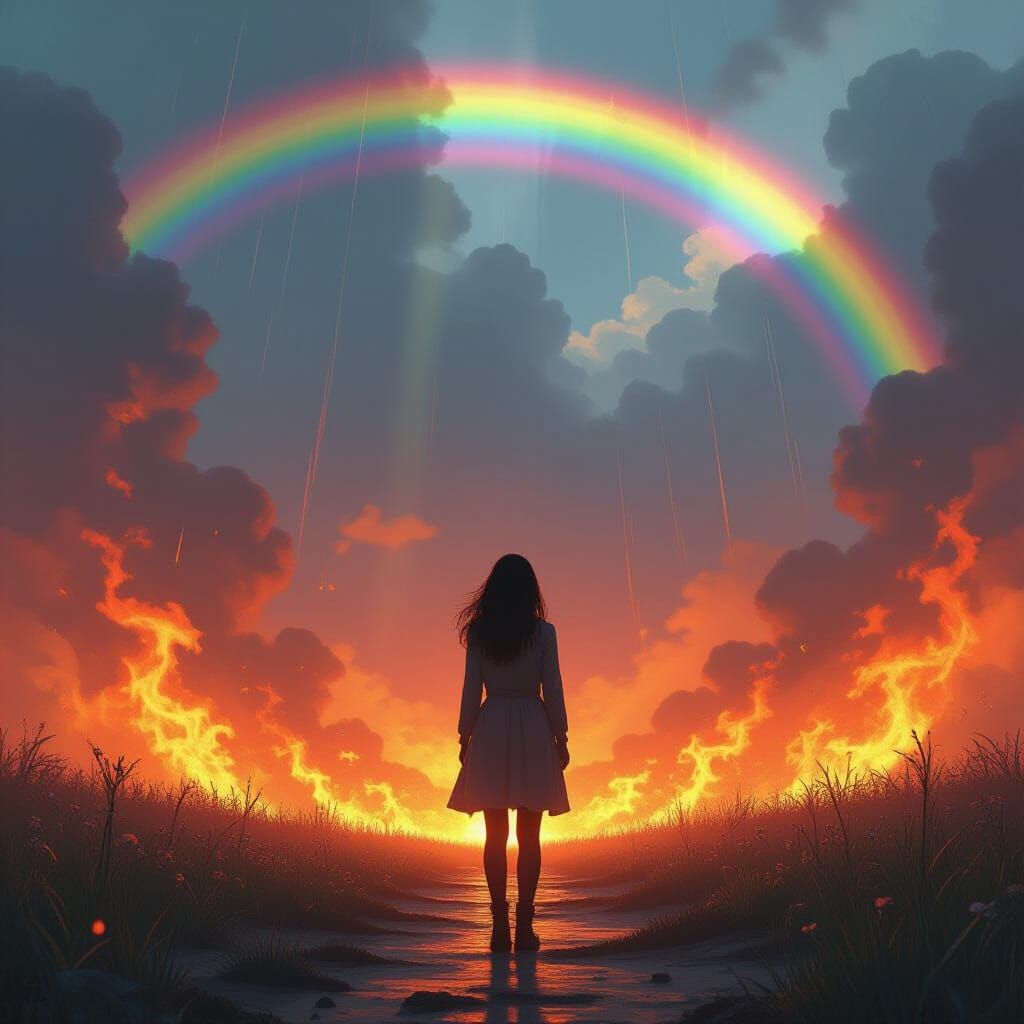 Woman in Burning Landscape with Rainbows: Digital Art