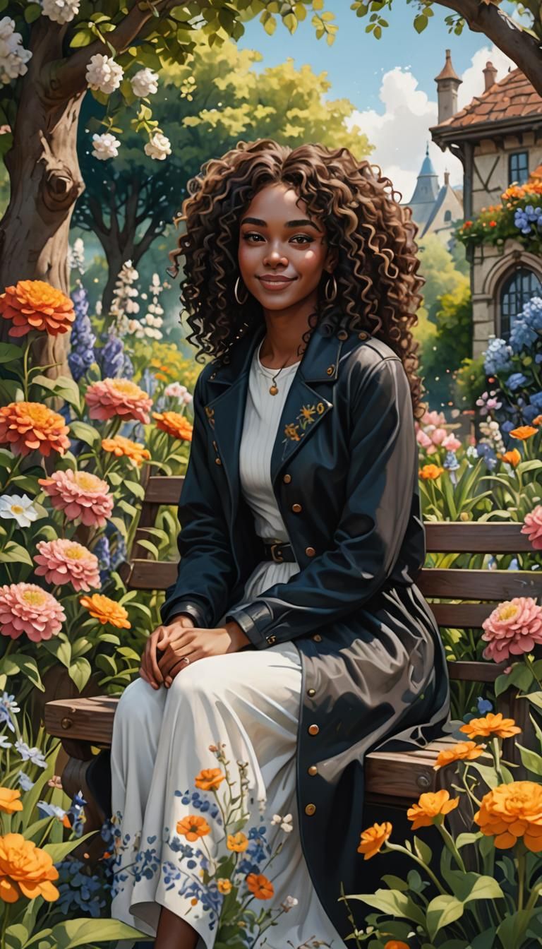 Happy Woman in Flowery Garden: Gouache Watercolor Painting