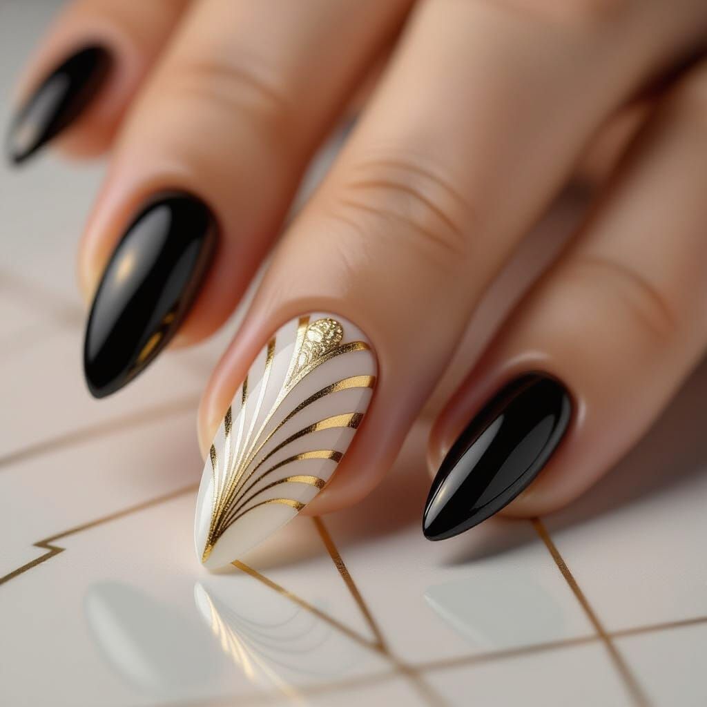 Elegant Art Deco Nail Design with Gold Accents