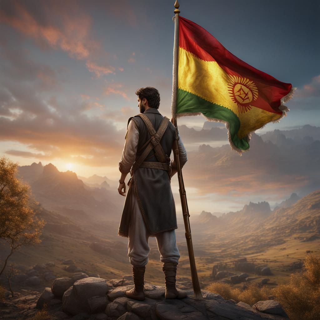 Kurdish Young Man Raises Kurdistan Flag