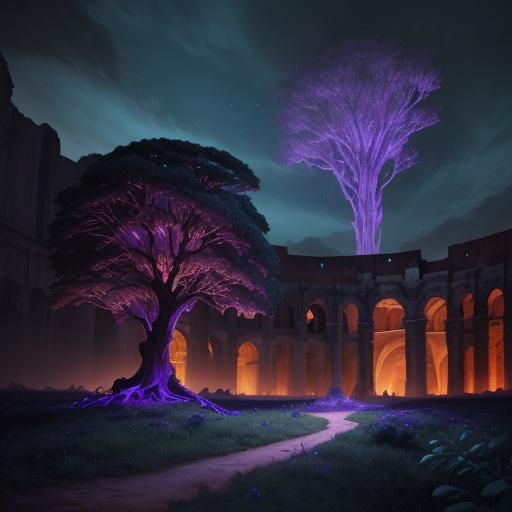 Colosseum at Dusk with Glowing Tree