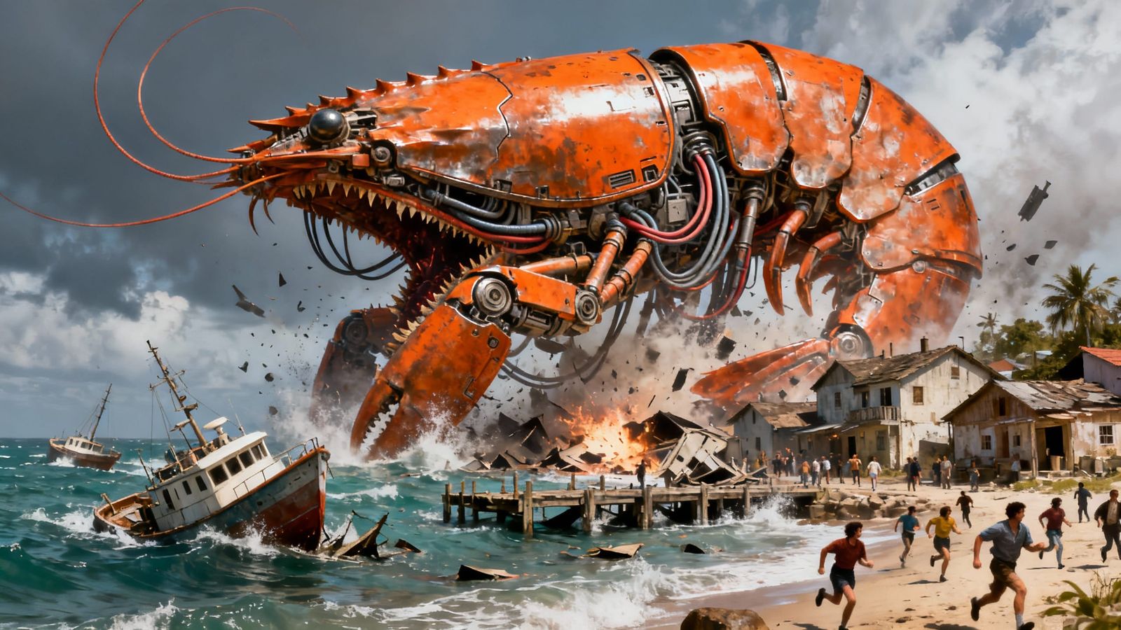 Gigantic Cyborg Shrimp Attacks Seaside Village in Sci-Fi Art