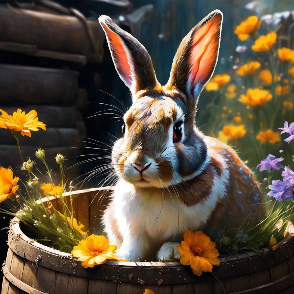 Cute Bunny in Barrel: Detailed Matte Painting