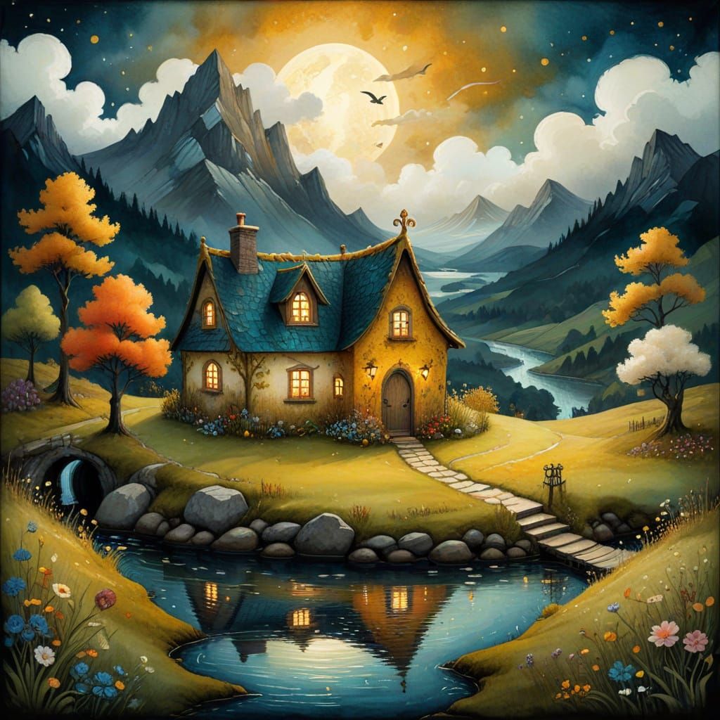 English Cottage in Watercolor Fantasy Landscape