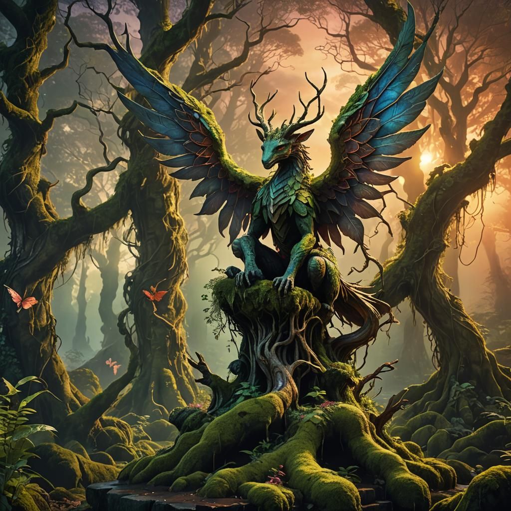 Mythical Creature in Forest: Miyazaki-Inspired Concept Art