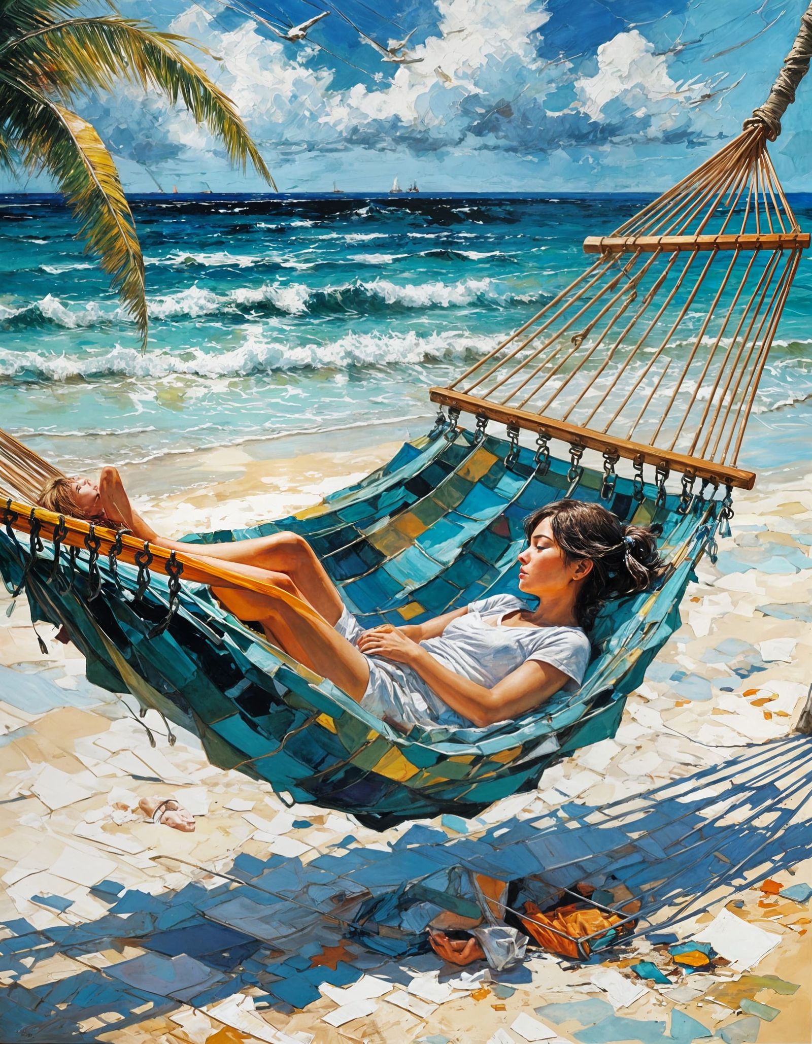 Woman Sleeping on Beach Hammock with Abstract Art Style