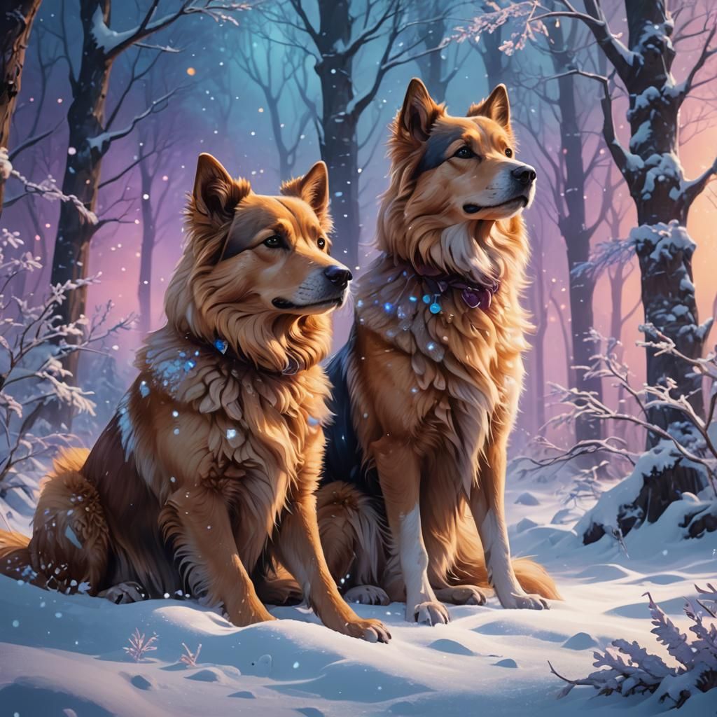 Dogs in Snow, Fantastical Matte Painting