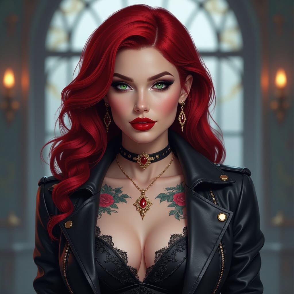 Vampire Woman in Leather Jacket with Red Hair and Tattoos