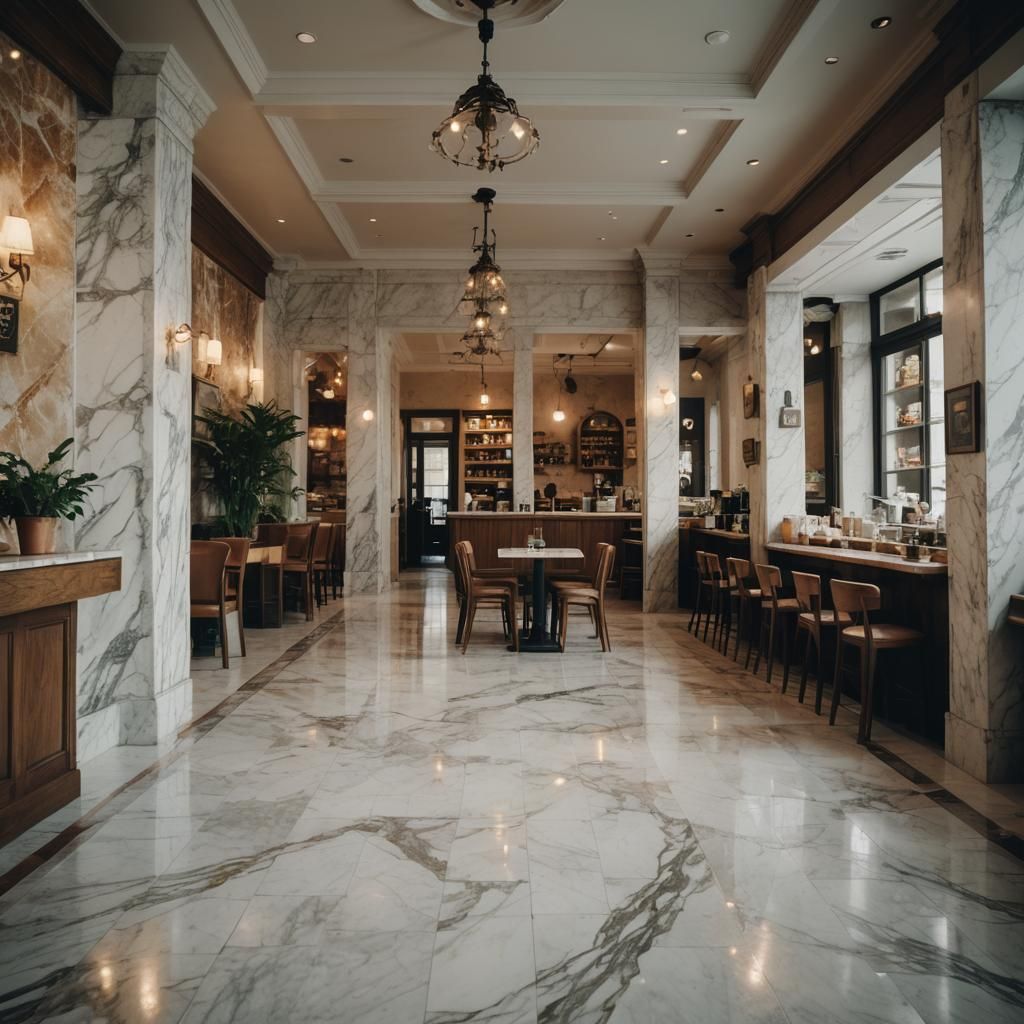 Gorgeous Marble and Oak Cafe Interior with Godrays