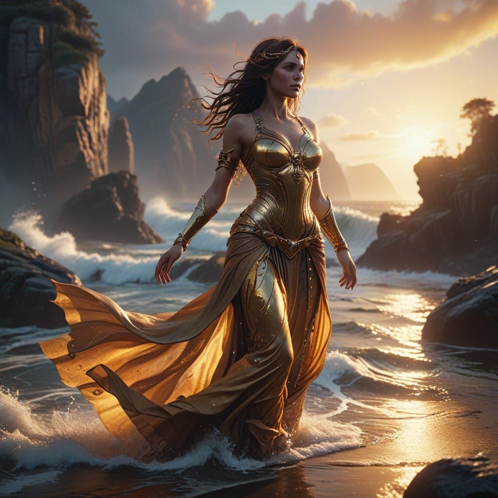 Aphrodite on Rugged Shoreline at Sunset