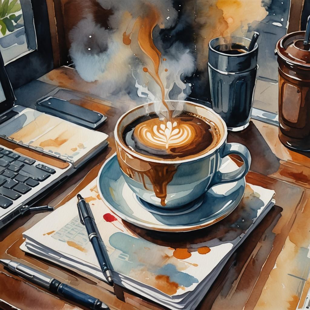 Coffee Cup Scene in Gouache Impressionist Style