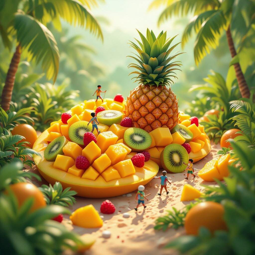 Tropical Fruit Island With Tiny Hikers in Candy Art Style