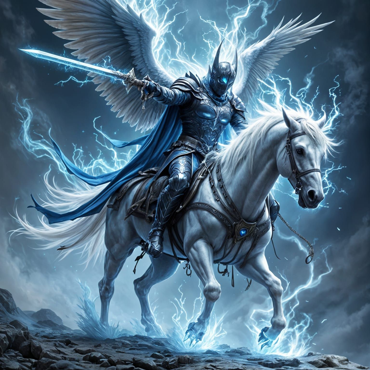 Dark Knight Soars with Sword Held High Amidst Electric Swirl...