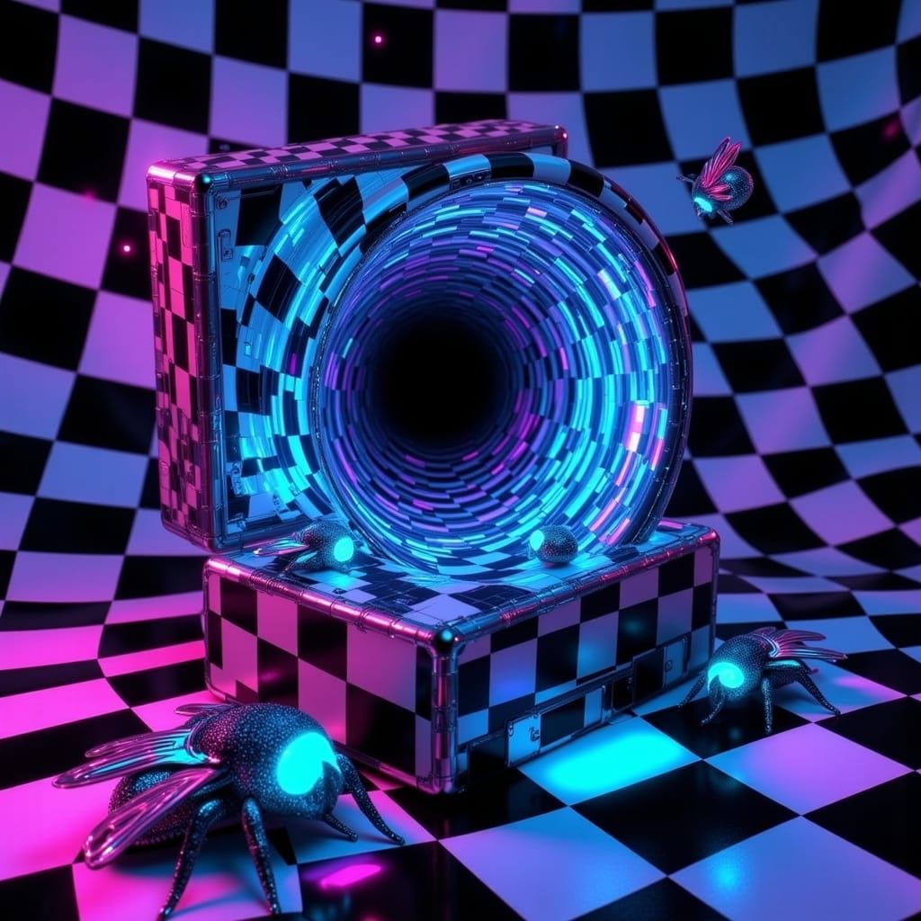 Checkered Box with Neon Black Hole and Alien Bees