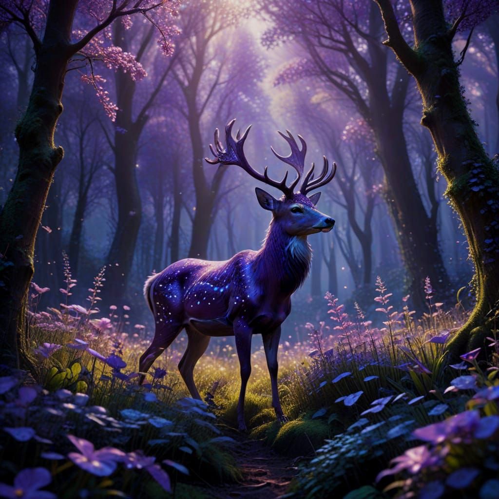 A purple dear with a magical aura of glittering light in a s...