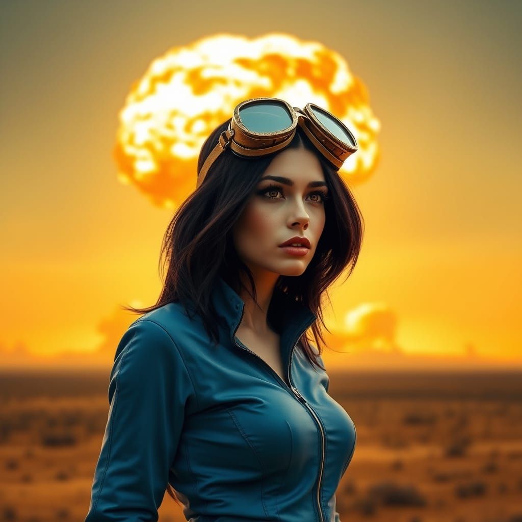 Raven-Haired Woman Observes Nuclear Blast in Futuristic Styl...
